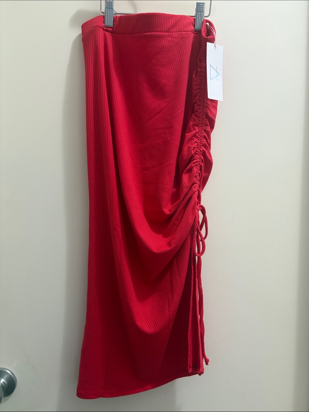 Sage Red Side-Ruched Midi Skirt